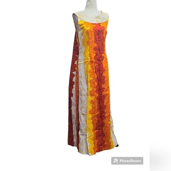 Hawaiian Bark Cloth Maxi Mumuu Kaftan Caftan 60s 70s Vintage Long Tank Aloha - Picture 1 of 3
